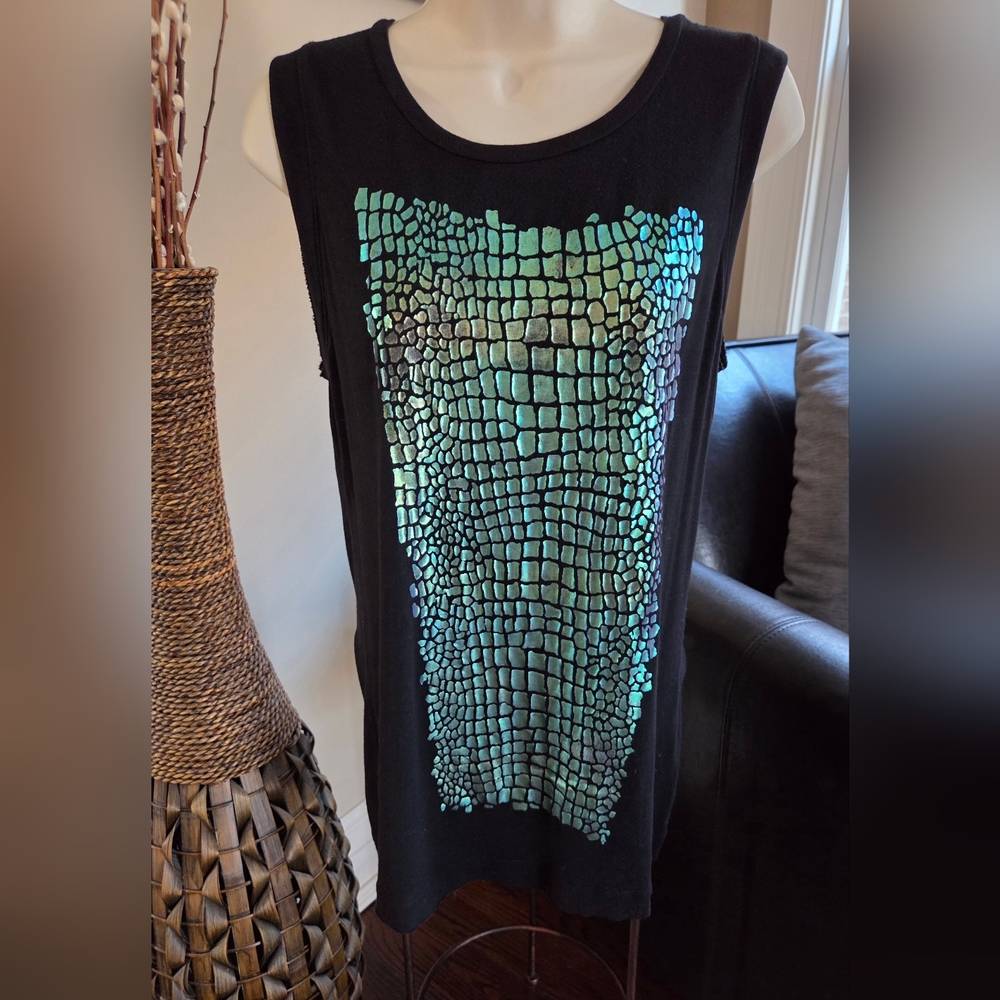 RACHEL Rachel Roy Black Tank Top with Metallic Pattern